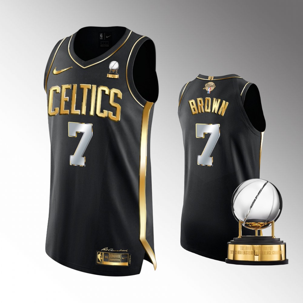 Men's Boston Celtics Jaylen Brown #7 Eastern Conference 2022 Black Golden Edition Champions Authentic Jersey 2401LPFF